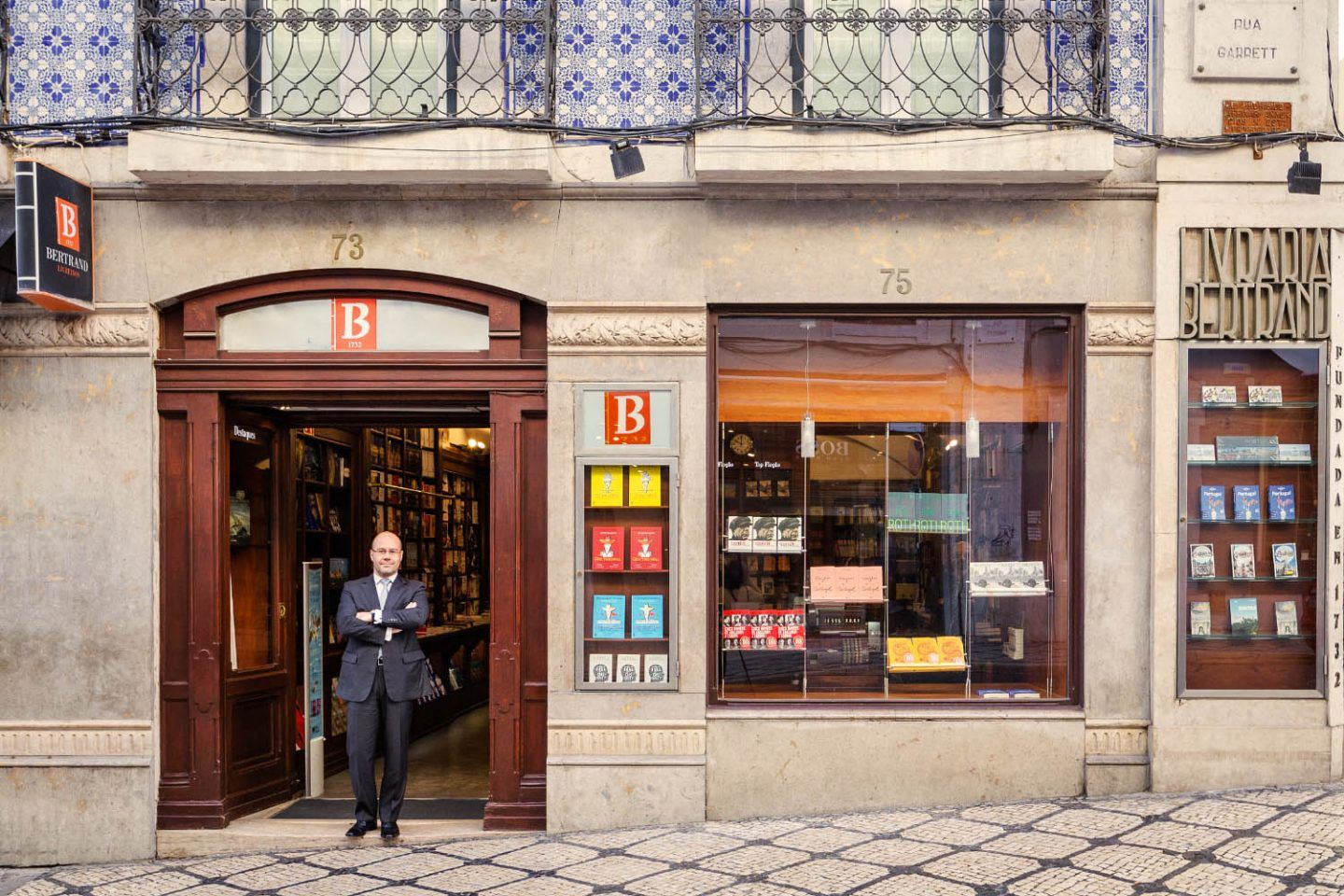 The front entrance of Bertrand Bookstore in Lisbon, Portugal