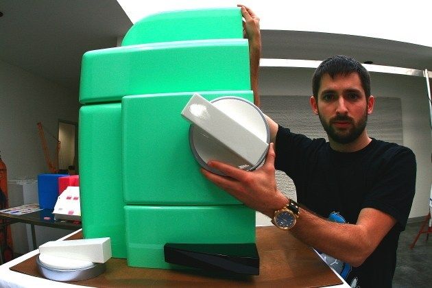 Johnny Earle with giant oven knob for his Los Angeles shop