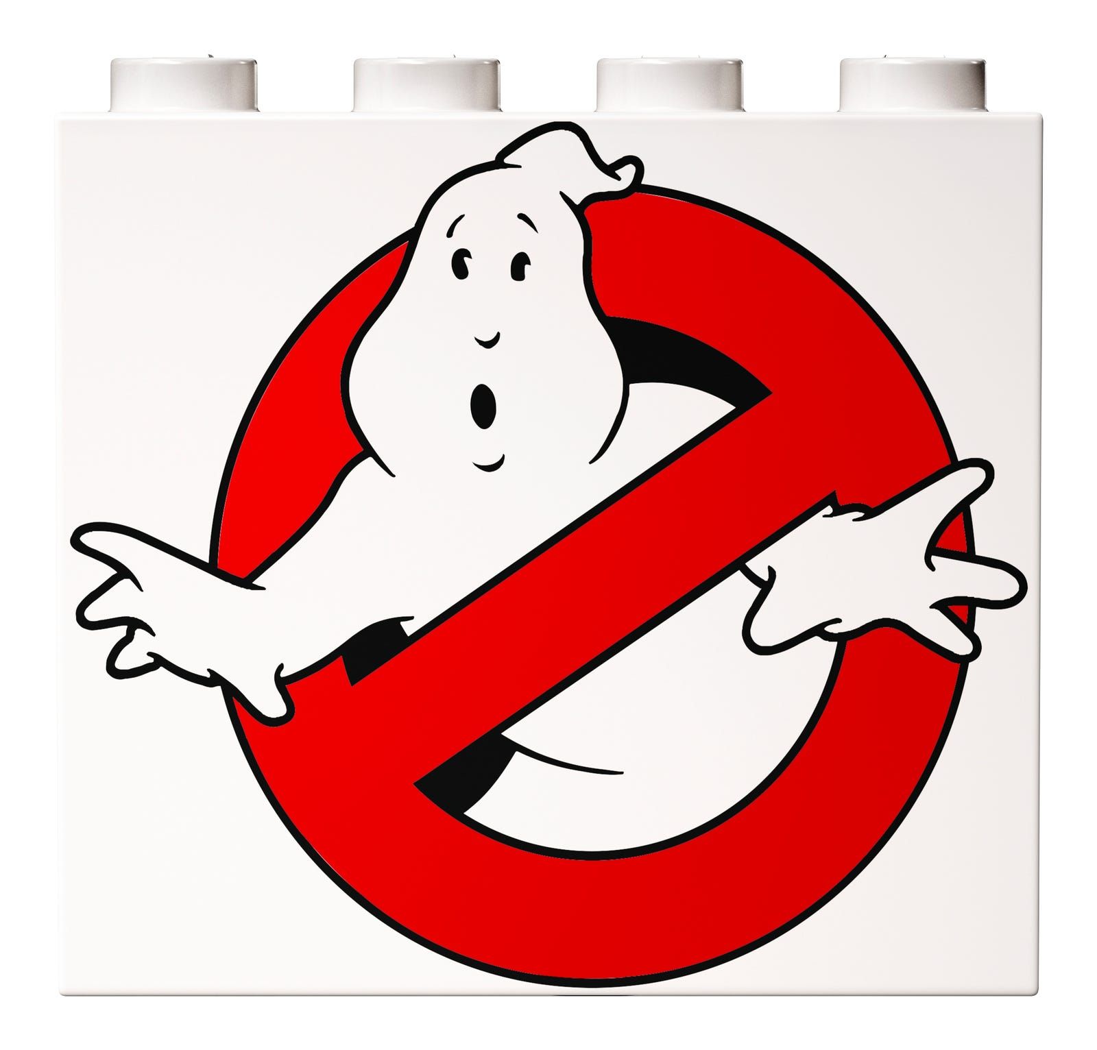 The "No Ghost" logo is printed on a white brick for the Ecto-1 door