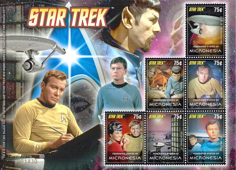 Collectible Postage Stamps Grenada Scotty Captain Kirk Doctor Leonard “Bones” McCoy Spock Star Trek 50th Anniversary 